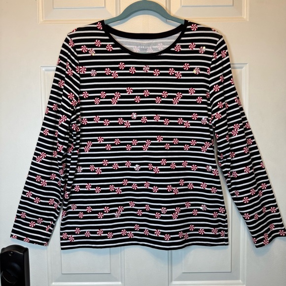 Talbots Black & White Sz LP Striped Top w/ Red Peppermint Candies/SequinsPattern - Picture 1 of 11